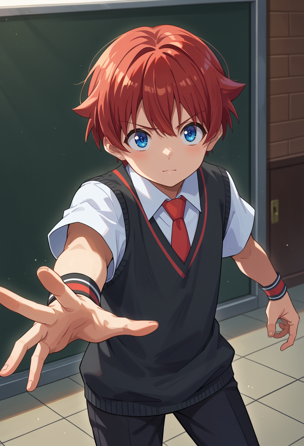 score_9, score_7_up, source_anime, BREAK  <lora:AEYuta:0.9> aeyuuta, blue eyes,red hair, short hair, collared shirt, red necktie, short sleeves, sweater vest, wristband, black pants, henshin, henshin pose, outstretched arm, arm across chest,