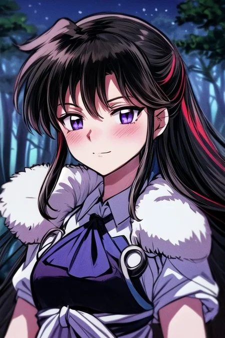 masterpiece, best quality 1girl Setsun4 solo long hair, (night time) forest background black hair very long hair purple eyes multicolored hair armor (fur trim) (medium body),<lora:EMS-179-EMS:0.800000>,<lora:EMS-293862-EMS:0.800000> bow, hair_bow, hair_tubes, red_bow, brown_hair, long_hair, bangs, ascot, frilled_bow, yellow_ascot, blush, smile, hair_between_eyes, athletic, armor, miko