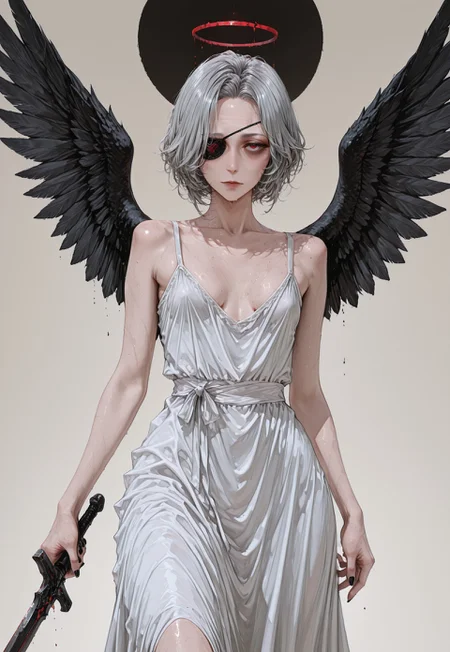very aesthetic, high resolution, high quality, amazing quality, detailed, masterpiece, absurdres, score_9, score_8_up, score_7_up, 1girl, Mature Female, angel, short hair, grey hair, small breast, small chest, she only have one wing, small black wing, black nail, red halo, holding medieval sword, eyepatch, looking at viewer, action pose,