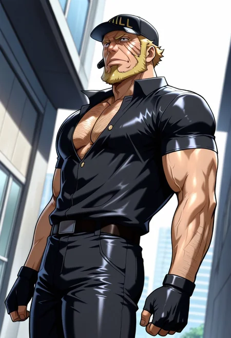 perfect anatomy, perfect proportions, best quality, masterpiece, high_resolution, high quality, amazing quality, best aesthetic, very aesthetic, incredibly absurdres, extremely detailed, intricately detailed illustration, highres, , huge filesize, realistic shading, natural lighting, atmospheric perspective, depth of field, solo male, adult, mature, masculine, manly, handsome, charming, alluring, standing, upper body, dutch angle, dynamic angle, cowboy shot, from below, perfect face, source_anime, anime coloring, Killer T Cell, CaWBlKillerTCell, (blond hair, black eyes, sanpaku, long sideburns, facial hair, chinstrap beard, jawline beard, scar on face, scar on cheek, (old man, wrinkle, rugged, brute face), CaWBKillerTCell_outfit, black cap, Killer T Cell cap, black earpiece, Killer T Cell uniform, black shirt, partially unbuttoned shirt, chest hair, short sleeves, black fingerless gloves, (black long pants, black pants),  Cells at Work city background, outdoors