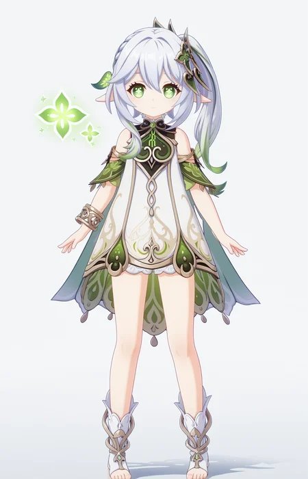nahida \(genshin impact\),1girl,solo,(white background:1.3),green eyes,side ponytail,pointy ears,bangs,looking at viewer,long hair,hair ornament,gradient hair,dress,cape,standing,white dress,hair between eyes,detached sleeves,bracelet,sidelocks,symbol-shaped pupils,jewelry,short sleeves,white hair,toeless legwear,full body,