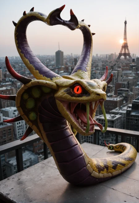 <lora:venomancer_v1:0.8>
venomancer_v1,
pokemon (creature), no humans, monster, duel monster,
dragon, snake,
fangs,spikes, claws, horns, tail,
red eyes, glowing eyes,
teeth, tongue, sharp teeth,, score_9, score_8_up, score_7_up, score_6_up, derpibooru_p_95,
detailed eyes, beautiful, detailed background, perfect eyes,
solo,
on the roof of a high building, with city paris and eiffel tower as background,, rooftop, city view,
blur censor, blurry, blurry background, blurry foreground, bokeh, motion blur,
chromatic aberration, depth of field, figure, focused, focus
photography, realistic sun light and shadows, photorealism, UHD --ar 9:16 --style raw --stylize 700,