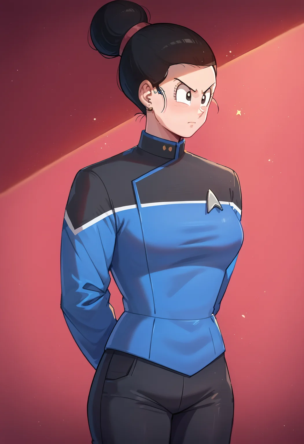 score_9, score_8_up, score_7_up, score_6_up, score_5_up, 1girl in sttldunf star trek black and blue uniform, blue sleeves,black shoulders,black pants,hands behind back<lora:STTLPony><lora:ch1ch1:1> ch1ch1, chi-chi (dragon ball), solo,