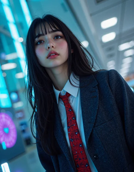 hyper-realisitic, hyper-detailed, detailed foreground,  RAW photo, detailed clothing, detailed lighting,  midjourney_whisper_innocent_eyes, curvy female,  She stands in the heart of the Academy’s central atrium, bathed in ambient teal and violet luminescence cast from a towering translucent data wall. Her uniform has evolved—the blazer is now graphene-threaded with a muted blue sheen, designed for heat regulation and gesture input. Her tie remains crimson with thin embedded circuitry tracing through the fabric, subtly glowing near the knot. Her white shirt is crisp, collar slightly stiffened by smart-textiles. Her long black hair flows naturally, untouched by augmentation, a detail that makes her presence feel oddly timeless amid the polished tech. She stares slightly above the lens, as if absorbing unseen information from the neural HUD projected in her vision. Her expression is serene, composed, lips just parted. Framed from mid-torso up, the portrait captures the contrast between her soft skin and the clinical, glassy architecture behind her. In the reflections, outlines of classmates flicker in motion, blurred like thoughts. The lighting is a trifecta of cool front light, back glow from the wall, and sharp white edge lights defining her shoulders and collar. She doesn’t just belong here—she’s built for it.  smile, flowing hair,                                      <lora:MoriiMee_Gothic_Niji_Style_FLUX:0.5000000000000001> <lora:midjourney_whisper_innocent_eyes_v01:0.5000000000000001>