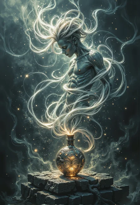 (disintegrating and dissolving into fog and smoke:1.9), (blending form with reality:1.9). Framed in thick volumetric fog. diffused light, delicatly, whispering, eye catching masterpiece artwork. drifting fog, cracked light and scattering smoke in a dreamlike reality. A mystical genie emerges in a swirling, spectral form, its translucent body shifting like liquid smoke, blending seamlessly into the surrounding mist. Its faint facial features are ever-changing, exuding an aura of both power and mystery, while its flowing arms and torso twist gracefully in the air. Below, a mystical genie bottle rests on an ancient, cracked stone pedestal, its surface ornately engraved with intricate patterns of gold and emerald. From the bottleâs narrow neck, the genieâs essence continues to flow, disintegrating into fog that mingles with the thick, volumetric mist enveloping the scene. Diffused light filters through the haze, scattering across the air in mesmerizing beams, casting an enchanting, dreamlike glow as the genie hovers above, an embodiment of otherworldly allure. <lora:flux_sparklycism.safetensors:0.5>, <lora:The_Dark_Side_Of_The_Future.safetensors:0.33>, <lora:aidmaGLOW-FLUX-V0.1.safetensors:0.3>, <lora:midjourney_whisper_flux_lora_v01.safetensors:0.5>, <lora:zhongfenghuaStyle_FLUX_ Lora.safetensors:0.5>, <lora:Midjourney_-_SemiReal_Dreams_FLUX_LoRA.safetensors:0.5>,