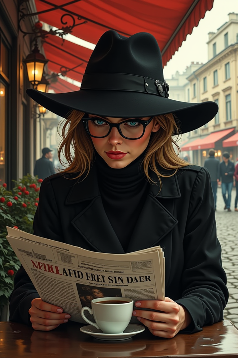 illustration, cartoon, anime, manga, drawing, A mysterious woman in a wide-brimmed hat and dark glasses sits in a street cafe, sipping coffee. She is reading a newspaper, but her eyes occasionally glance out onto the street, as if she is waiting for someone. Her posture is elegant, but her presence is enigmatic.