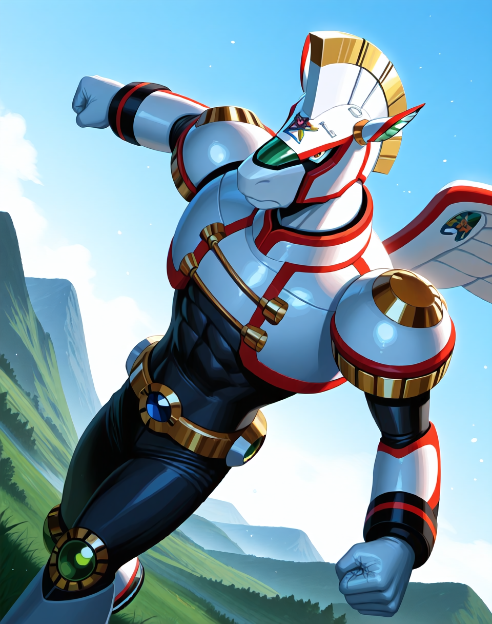 <lora:Spiral_Pegasus_(Mega_Man_X)_(Illustrious)_(AD):1.35> Spiral Pegasus, reploid, MMX, 
exterior, blue sky with clouds, mountain valley, grassy valley,
dutch angle, dynamic action, cowboy shot, 
male focus, intense shadows, dynamic shadows, intricate details, attention to details, gradient coloring, robot, bright vivid colors, deep metallic colors, glossy metal body, wings, pelvic focus, abs, 
BREAK very awa, masterpiece, best quality, amazing quality, very aesthetic, highres, absurdres,
EZRealPONYXL, zPDXL, Smooth Quality, lazynsfw,