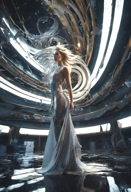 score_9, score_8_up, score_8_up, beautiful girl, futuristic model, wild playful hair, in an action spell-casting pose, summoning her magics, glowing light swirl in orbit around her, sly smile. Beautiful and dangerous atmosphere. Standing in the shadow of a wrecked building, water gushing like waterfalls from high up the building. A large partially shattered moon in the sky. From below. Resplendent spotlight highlighting, cinematic composition and lighting. Masterpiece. 8k. Very detailed.