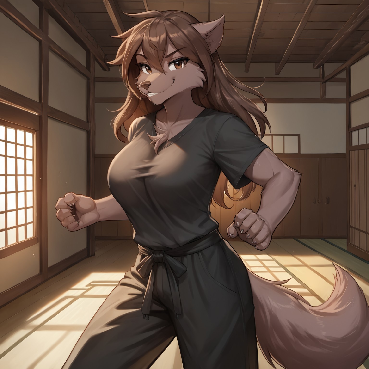 safe_pos, score_9, score_8_up, score_7_up, score_6_up, score_5_up, detailed, masterpiece, rating_safe, ((indoors)), ((dojo)), dynamic angle, high res, absurd res, source_twokinds, source_furry
BREAK solo female, natani-twokinds, brown eyes, long hair, wolf tail, big breasts, natural breasts, baggy black long-sleeved shirt, baggy black pants, martial art pose, smug, haughty, sense of superiority
