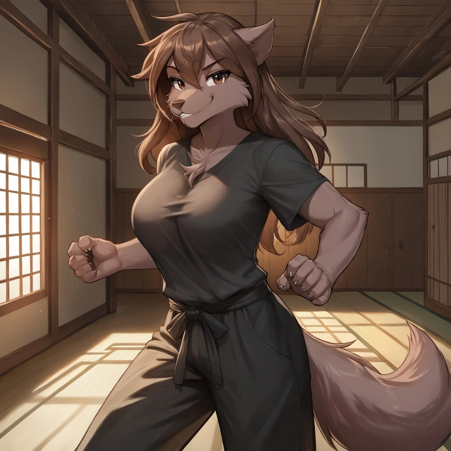 safe_pos, score_9, score_8_up, score_7_up, score_6_up, score_5_up, detailed, masterpiece, rating_safe, ((indoors)), ((dojo)), dynamic angle, high res, absurd res, source_twokinds, source_furry
BREAK solo female, natani-twokinds, brown eyes, long hair, wolf tail, big breasts, natural breasts, baggy black long-sleeved shirt, baggy black pants, martial art pose, smug, haughty, sense of superiority