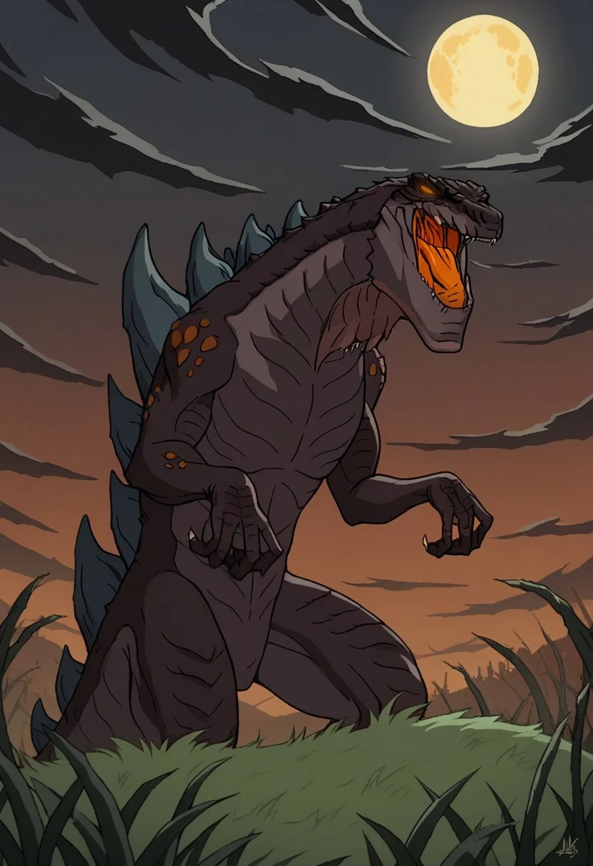 score_9, score_8_up, score_7_up, cowboy shot, Evil Dead style, godzilla_TAS, orange maw, monsterous, glowing eyes, scales, fangs, upper body, on a grassy sloped hill, side of a hill, tall grass, scattered bushes, moody and dramatic, with the dark silhouettes of Godzilla contrasting against the muted, red sky, scenery, creepy, night, yellow moon, red sky, black clouds