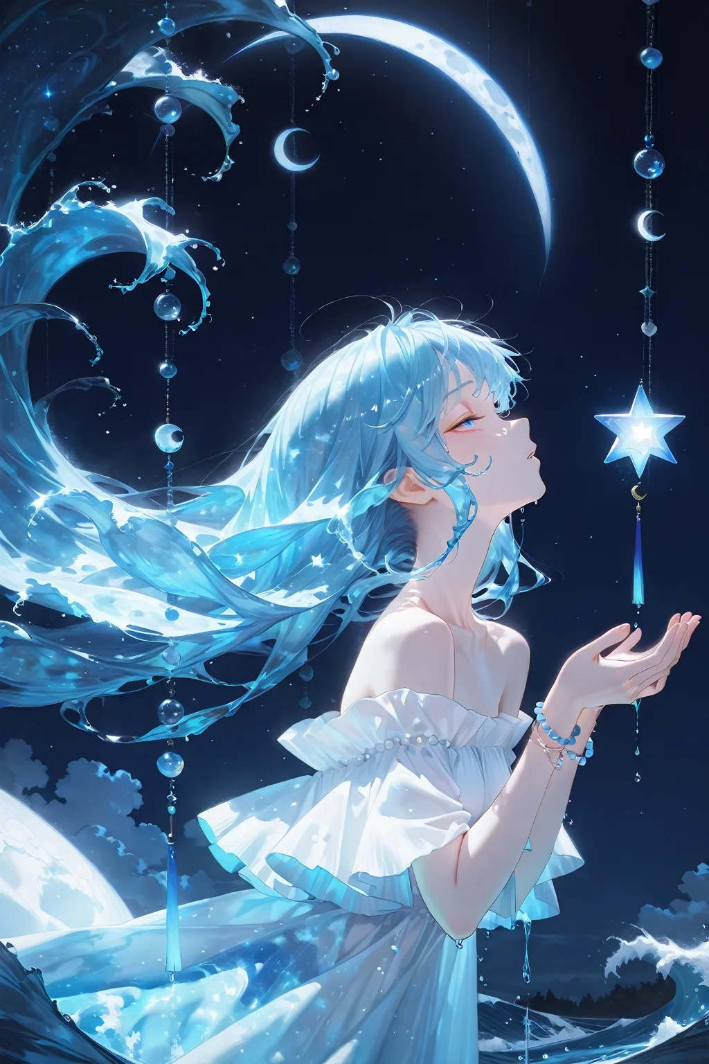 masterpiece,best quality,1girl,original,bead curtain,black background,blue eyes,blue hair,crescent moon,floating hair,from side,glowing,liquid hair,long hair,moon,parted lips,profile,sidelocks,solo,starry moon,surreal,tree,upper body,very long hair,wave print,waves,crescent,off shoulder,collarbone,night,looking up,half-closed eyes,white dress,dress,sky,floating clothes,cloud,water,eyelashes,blue theme,starry sky,star \(sky\),water drop,blue background,night sky,bare shoulders,star \(symbol\),light particles,off-shoulder dre,liquid clothes,bracelet,jewelry,hands up,bead bracelet,<lora:keaihuafeng:0.7>,keaihuafeng,<lora:PHM_style_IL_v3.3:0.3>,
