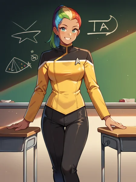 score_9, score_8_up, score_7_up, score_6_up, score_5_up, 1girl in sttldunf star trek black and yellow uniform ,black pants, standing in a classroom,rainbow colored hair,ponytail,long sleeves,smiling,blackboard,pretty young woman<lora:STTLPony:0.8>