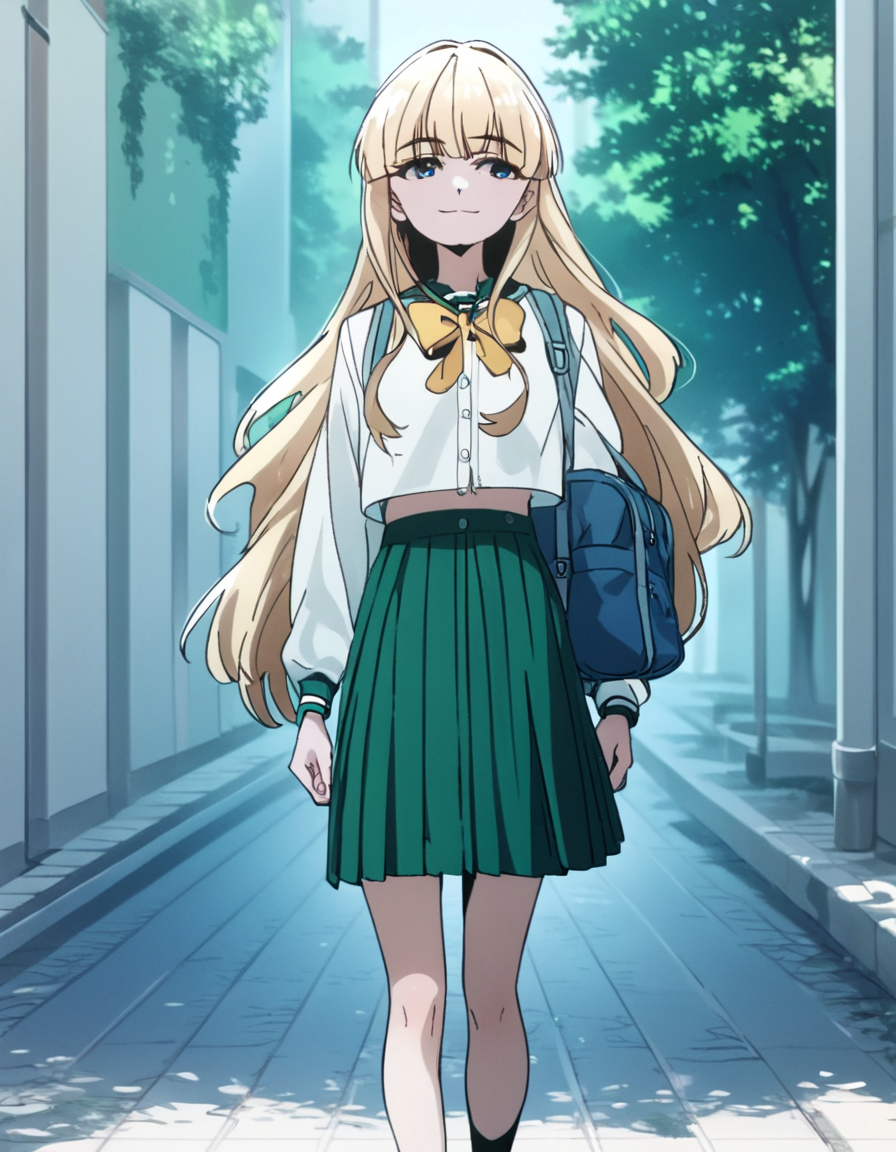 score_9, score_8_up, score_7_up, score_6_up, score_5_up, score_4_up, source_anime,  Kaoruko, solo , school uniform, walking, smile