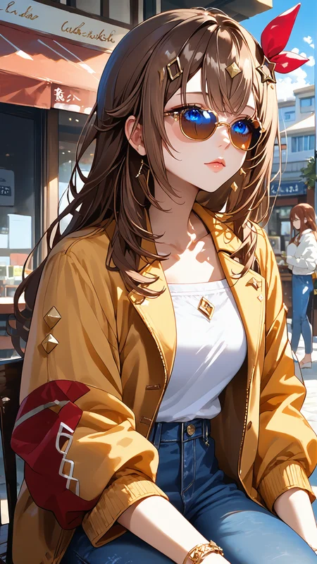 score_7_up, score_8_up, score_9, anime coloring, source_anime, anime
<lora:Worldly_XL:1> <lora:ChamTokinoSoraPonyXL:1> <lora:Expressive_H:1> Expressiveh
TokinoSora, hololive, blue eyes, brown hair, long hair, red ribbon hair ornament, gold star hairclip, (diamond hair ornament), 1girl, casual, jeans, jacket, sunglasses, cafe