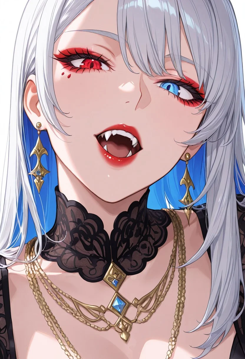 (8k resolution, absolute masterpiece, ultra detailed, best quality, masterpiece, colorful, highest detailed), (intricate details), (dynamic angle), Stunning illustration of Luminous Valentine,Heterochromia, red left eye, blue right eye ,vampire, long silver hair, bangs, earrings and elaborate necklaces, egyptian eyeliner, red lips, fangs, direct sensual gaze, erotic, sexy, close up, silhouetted in moonlight, detailed eyes<lora:add-detail-xl:-1.5>
