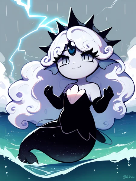 score_9, score_8_up, score_7_up,
1girl, solo, black dress, grey skin, grey eyes, eyelashes, white hair, black elbow gloves, head fins, dot eyes, black pearl, black forehead jewel, no nose, (chibi:0.5), mermaid, smug,
ocean, grey sky, thunder, grey clouds, rain, lightning,
<lora:black_pearl_cookie:1>
