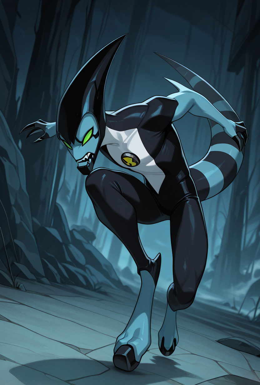 <lora:xlr8-08:1> xlr8, solo, green eyes, blue skin, , stripped tail, 1boy, black mouth, mouth strip, lines from mouth edges, dynamic pose, detailed background,   black claws, masterpiece, best quality, amazing quality, very aesthetic, absurdres, newest,