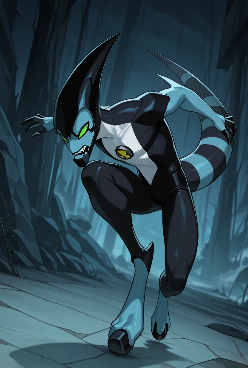 <lora:xlr8-08:1> xlr8, solo, green eyes, blue skin, , stripped tail, 1boy, black mouth, mouth strip, lines from mouth edges, dynamic pose, detailed background,   black claws, masterpiece, best quality, amazing quality, very aesthetic, absurdres, newest,