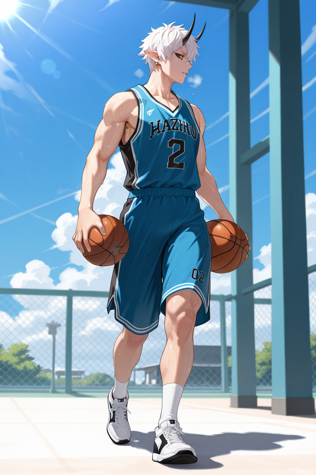 <lora:SP otakemaru-IL-000008:0.6>,sp otakemaru, white hair, horns, earrings, pointy ears,yellow eyes, black sclera,basketball uniform,sweat,heavy breathing,holding basketball,full body,white socks,basketball shoes,looking to the side,walking,summer,in campus, 1boy,solo,yaoi,bara,male focus,very awa,masterpiece,best quality,amazing quality,nsfw,uncersored,highres,best quality,amazing quality,best aesthetic,absurdres,
