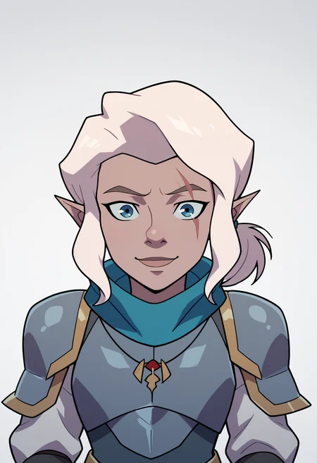 score_9, score_8_up, score_7_up, BREAK,
1girl, pike, white hair, ponytail, blue eyes, scar across eye,
pointy ears, gnome,
blue scarf, necklace,
armor, breastplate, pauldrons,
upper body, smile, solo, looking at viewer, simple background, white background <lora:PikeTrickfootPDXL_byKonan:1>