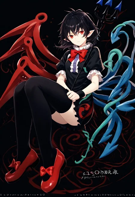 score_9, score_8_up, score_7_up, score_6_up, score_5_up, score_4_up, source_anime, solo, 1girl, 
houjuu_nue,red_eyes,black_hair,short_hair,asymmetrical_wings,red_wings,blue_wings,pointy_ears,black_dress,short_dress,short_sleeves,frilled_dress,tomoe_\(symbol\),center_frills,buttons,red_bowtie,black_thighhighs,mary_janes,red_footwear,footwear_bow,red_bow,zettai_ryouiki,wristband,trident,snake, 
masterpiece, best quality, very aesthetic, absurdres,