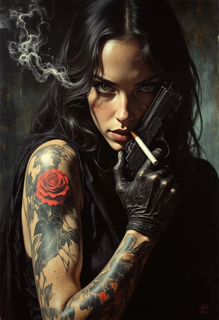 noir setting, femme fatale, red rose tattoo, thompson gun, mysterious woman, glowing eyes, smoking cigar, dimly lit, dramatic shadows, dark ambiance, subtle smoke trails, cinematic lighting, moody atmosphere, close-up perspective, elegant yet ominous