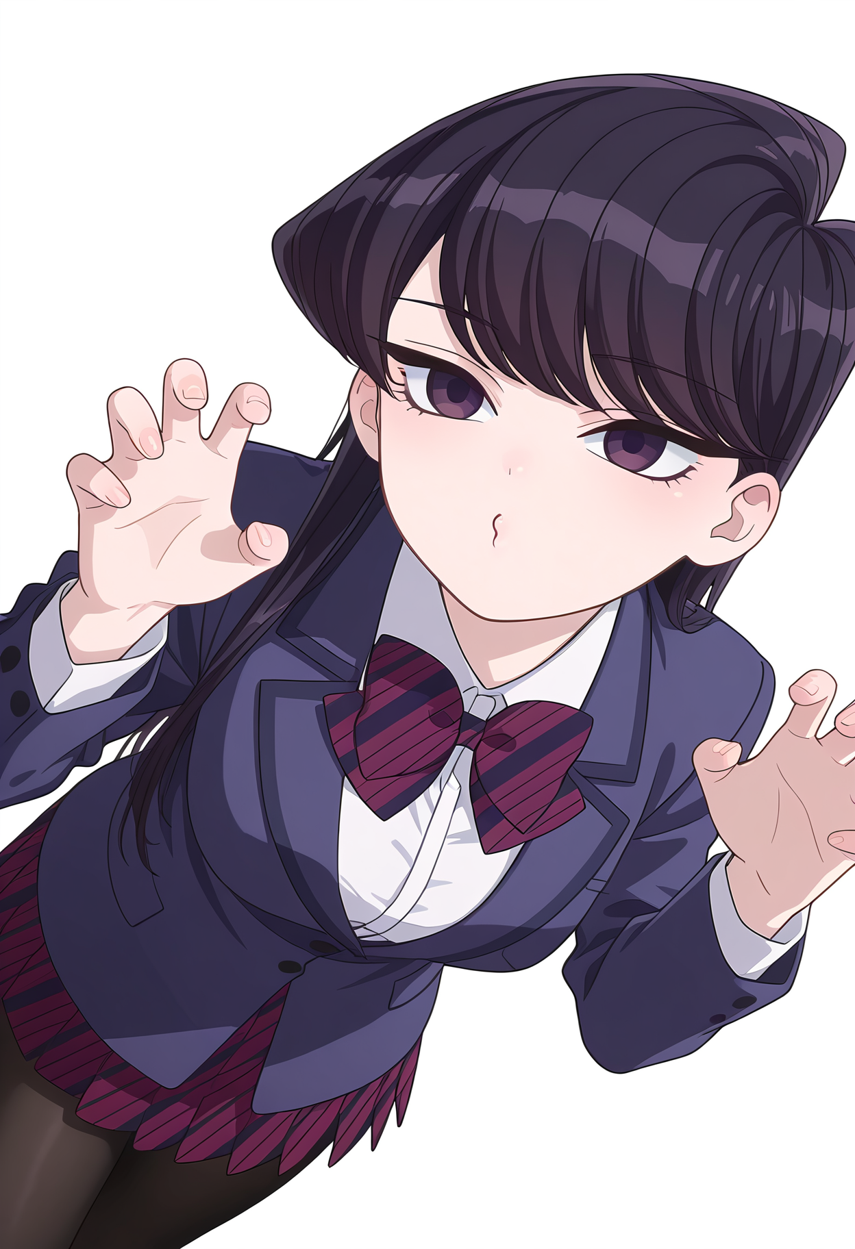 Smooth Quality,masterpiece,very intricate, high quality details, ultra realistic, high detailed skin,detailed enviorement,
simple background, white background, 
dynamic angle,claw pose,o3o,expressionless, 
 <lora:Komi_Shouko_cnn:0.8> 
komi shouko, 1girl,black hair, long hair, bangs, purple eyes, 
school uniform, white shirt,striped bowtie,striped skirt, pleated skirt, jacket,black pantyhose,