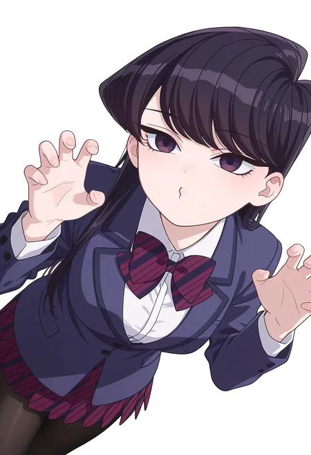 Smooth Quality,masterpiece,very intricate, high quality details, ultra realistic, high detailed skin,detailed enviorement,
simple background, white background, 
dynamic angle,claw pose,o3o,expressionless, 
 <lora:Komi_Shouko_cnn:0.8> 
komi shouko, 1girl,black hair, long hair, bangs, purple eyes, 
school uniform, white shirt,striped bowtie,striped skirt, pleated skirt, jacket,black pantyhose,