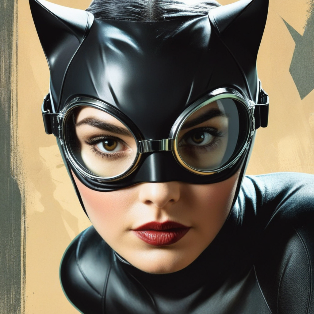 concept art of  <lora:comic book magazine:1>  
closeup on a a woman with a catwoman mask and goggles on comic book magazine style, digital artwork, illustrative, painterly, matte painting, highly detailed