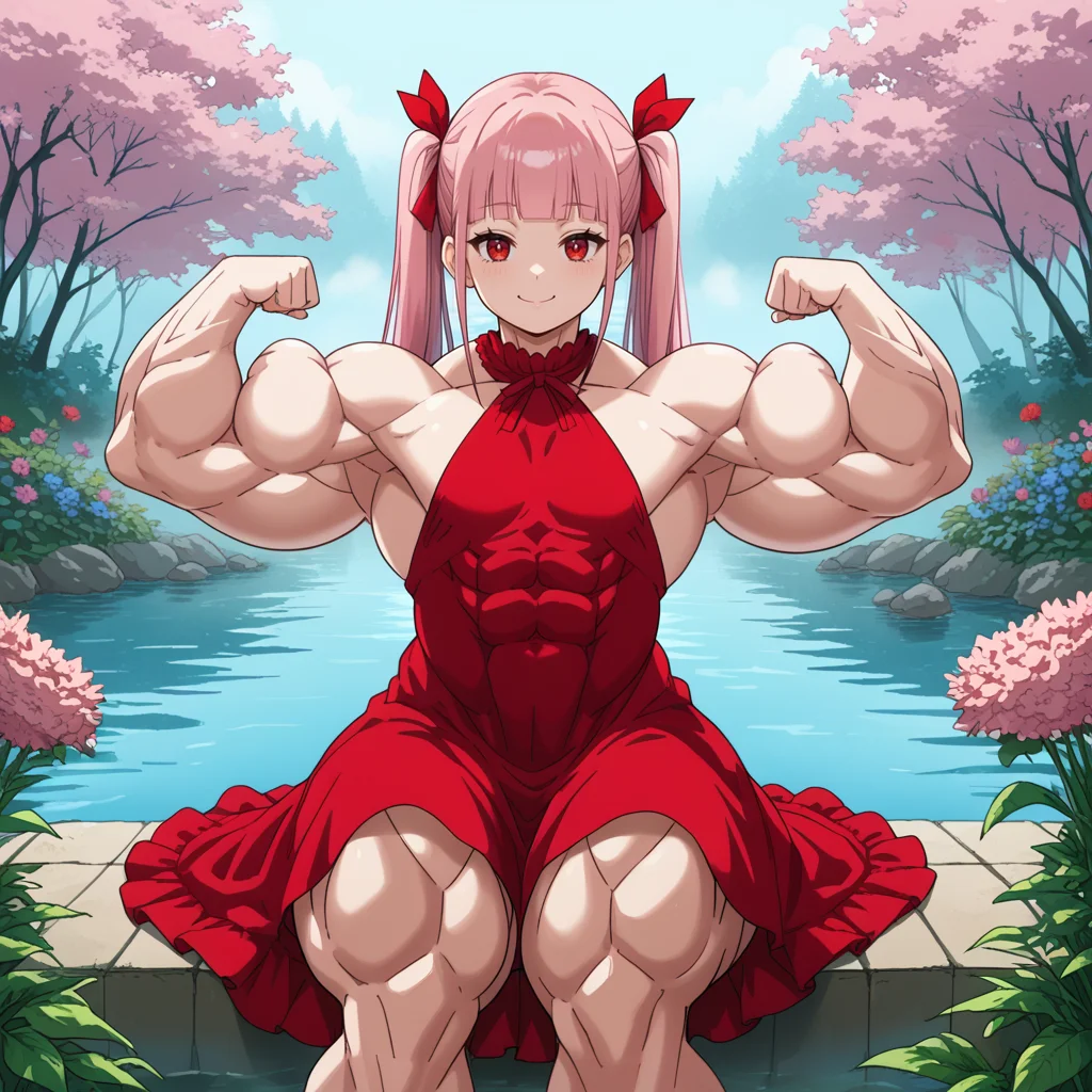 1girl, flat chest, smile
long pink hair, twintails, hair ribbon, blunt bangs, red eyes,
red dress, halter dress, sideboob,
flower garden, lake, fog,
sitting at shore, flexing,
<lora:Drloon:1> muscular, muscular female, abs, thick thighs, biceps, score_9, source_anime,
