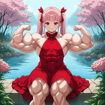 1girl, flat chest, smile
long pink hair, twintails, hair ribbon, blunt bangs, red eyes,
red dress, halter dress, sideboob,
flower garden, lake, fog,
sitting at shore, flexing,
<lora:Drloon:1> muscular, muscular female, abs, thick thighs, biceps, score_9, source_anime,