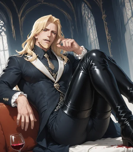 realistic shading,expressive face,looking at viewer,<lora:VladIIL:0.8>,1boy,beard,black coat,black footwear,black pants,blonde hair,blue eyes,boots,thigh boots,facial hair,mustache,full body,Vlad,long hair,long sleeves,manly,dynamic angle,masterpiece,best quality,dynamic angle,intricately detailed illustration,masterpiece,best quality,amazing quality,very aesthetic,absurdres,newest,moaning,slender_waist,large_pectorals,jitome,Slightly_open_mouth,indoors,wine glass,stylish_pose,reclining,seductive_smile,, score _9,score_8_up, score_7_up,source_anime,rating_explicit,