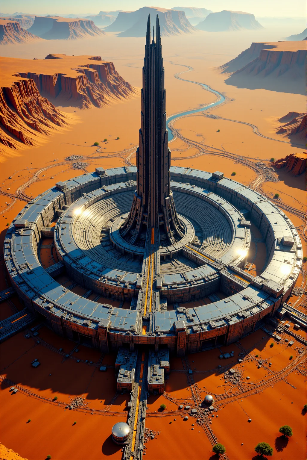 <lora:Legacy_of_the_forerunners_v.2:0.75>
An immense futuristic city rises from the heart of a vast, sun-scorched desert, its architecture dominated by a colossal circular structure encircling a sleek central spire that pierces skyward with razor-like symmetry. The city radiates with luminous detailing, glowing panels, and illuminated corridors, suggesting an ultra-advanced civilization deeply integrated with energy technology and aerial transit. The massive ring forms a perfect circumference around the central skyscraper, featuring layered, tiered platforms and an array of surface textures that reflect light in segmented, high-contrast patterns—each segment bustling with hints of motion, docking modules, and infrastructural depth. Surrounding this monolithic hub, the desert stretches endlessly, its undulating sands carved with ancient geometric pathways and modern constructs, interspersed with towering mesas and weathered plateaus in the background. The warm ochre and burnt sienna tones of the terrain contrast with the deep metallic blues, polished silvers, and glowing ambers of the structure itself, forging a bold visual juxtaposition between natural erosion and synthetic permanence. High above, sleek spacecraft hover and patrol, emphasizing vertical dynamism and suggesting a constant flux of movement between atmosphere and orbit. The scene is rendered with cinematic realism and a touch of concept art flair, using a high-angle vantage to emphasize the scale and symmetry of the architectural marvel set against an alien, yet familiar planetary landscape.