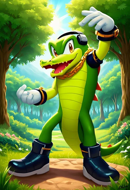 score_9, score_8_up, score_7_up, (best quality:1.1), (((ultra-detailed))), (((high resolution))), (((8k))), male, source_furry, male, solo, Vector the crocodile, headphones, gold chain necklace, white gloves, black boots, green skin, scalie, crocodile, featureless crotch, looking at viewer, (standing, dynamic, dancing, pose), smiling mouth, open mouth,
BREAK
Outside, park, trees, grass, day, sun, clouds, detailed background, outdoor, by Akami Mirai