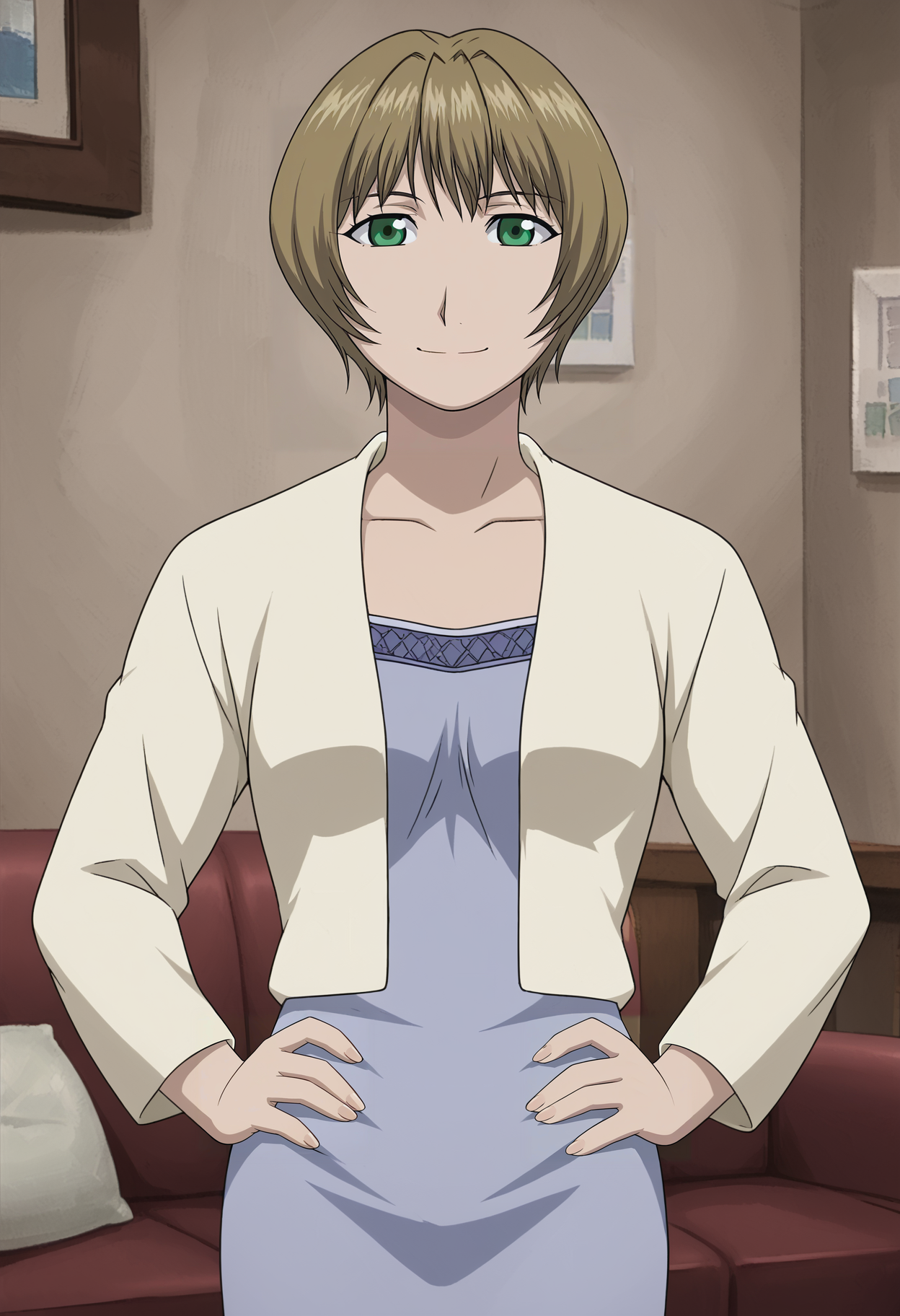 <lora:Gracia_Hughes-Fullmetal_Alchemist:0.85>,Gracia,mature female,1girl,solo,short hair,green eyes,brown hair,dress,cardigan,hands on own hips,looking at viewer,indoors,smile