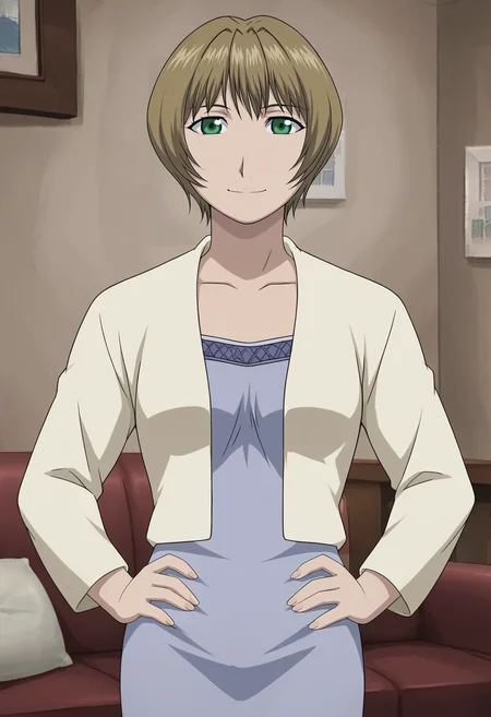 <lora:Gracia_Hughes-Fullmetal_Alchemist:0.85>,Gracia,mature female,1girl,solo,short hair,green eyes,brown hair,dress,cardigan,hands on own hips,looking at viewer,indoors,smile