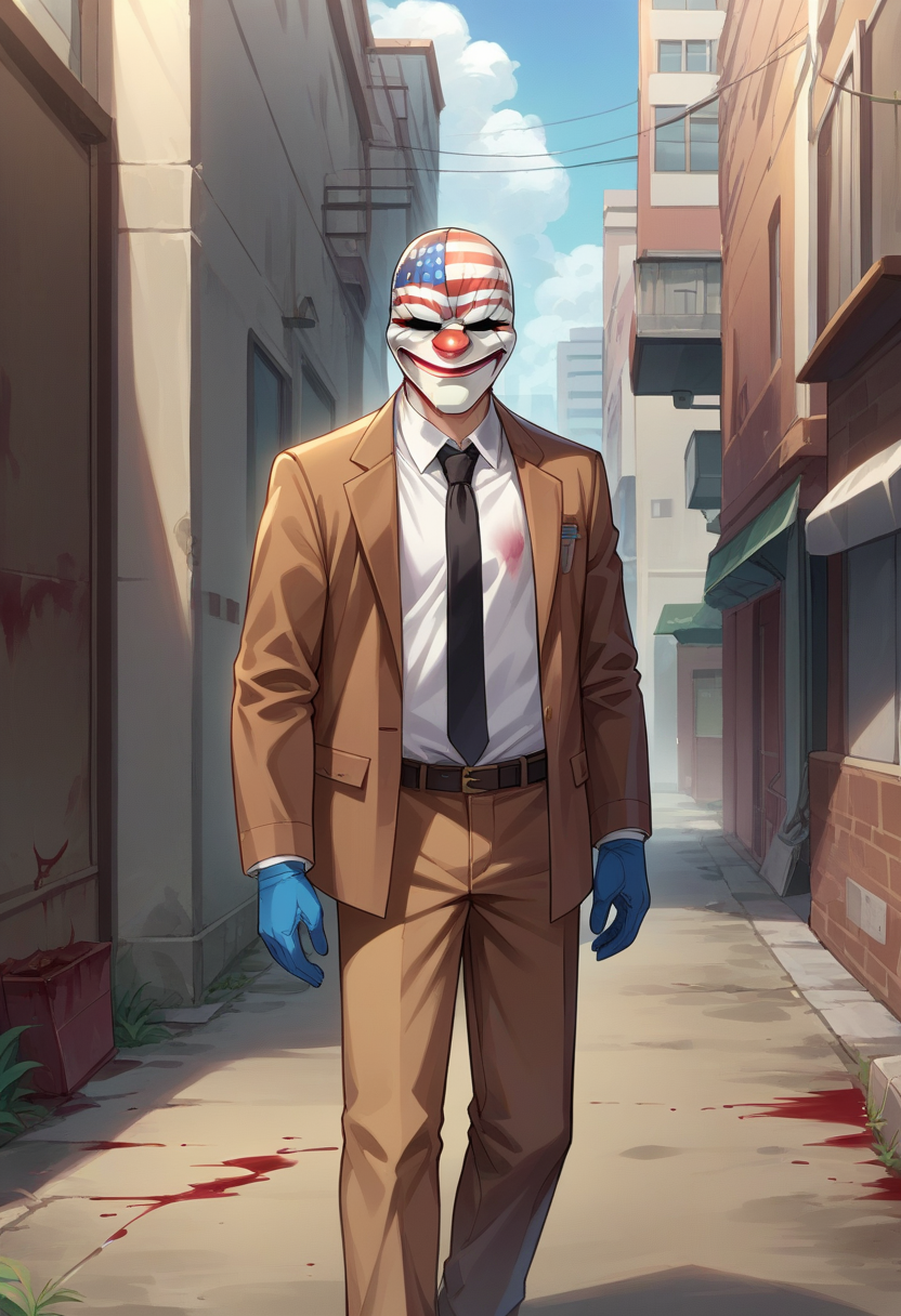 score_9, score_8_up, source_anime, 1boy, solo, DallasPD, mask, brown jacket, open jacket, black necktie, white shirt, dress shirt, blue gloves, brown pants, outdoors, alley, dark, blood, <lora:epoch-000014:1>