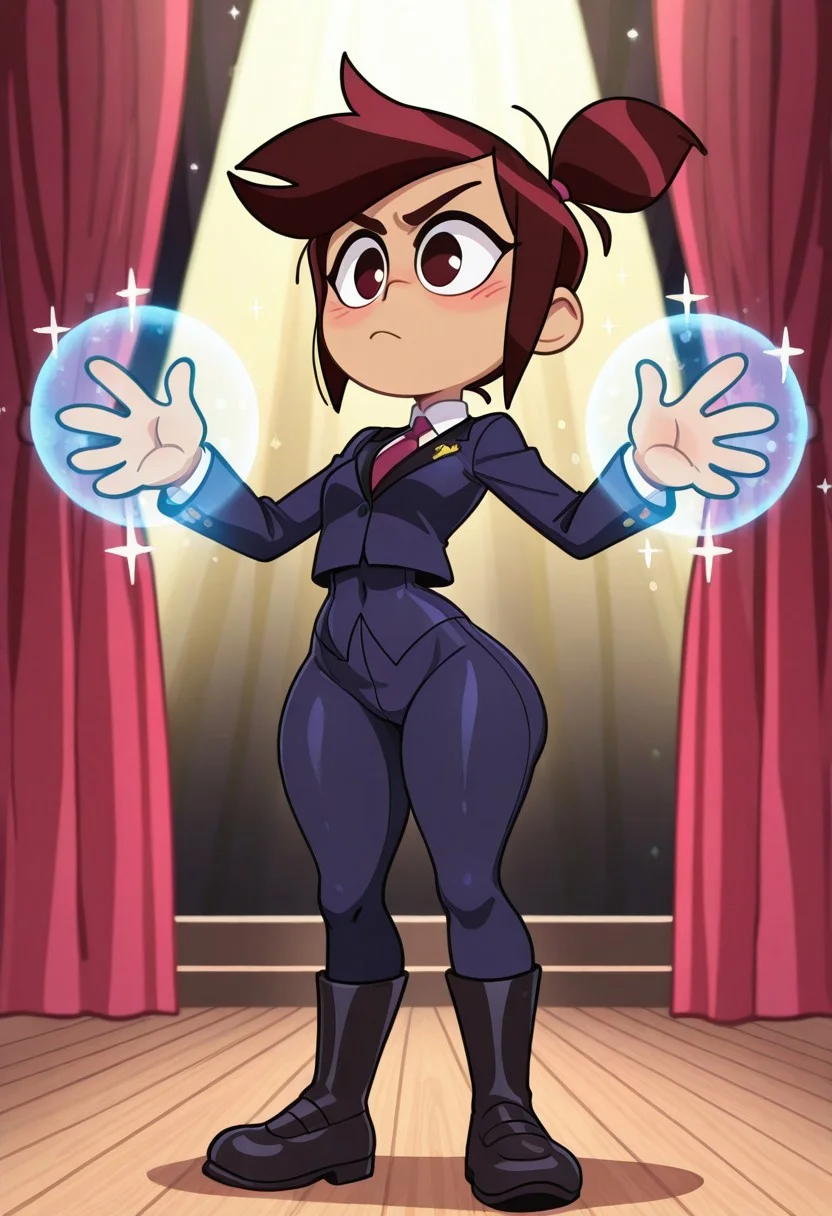 masterpiece,best quality,amazing quality,very aesthetic,newest,HDA_Masterpiece_v1.2, 1girl, solo, small breasts, wide hips, slim waist, hyper thick thighs (Perfect Body, Perfect Face:1.0), ((Beautiful Face, Beautiful Eyes:1.1)), (2D), (Perfect Anatomy:1.0), blush, sexy, bongcart, thicc body, (perfect details), dynamic angle, cinematic lighting, shading, ((cute)), Molly McGee, MagicianMolly, ((Spotlight)), concert stage, curtains, (magic), sparkles, (serious), standing, (four-fingered hands), full body, good eyes, beautiful background <lora:Molly:1>, (perfect_hands), tan skin, molly, shortstack