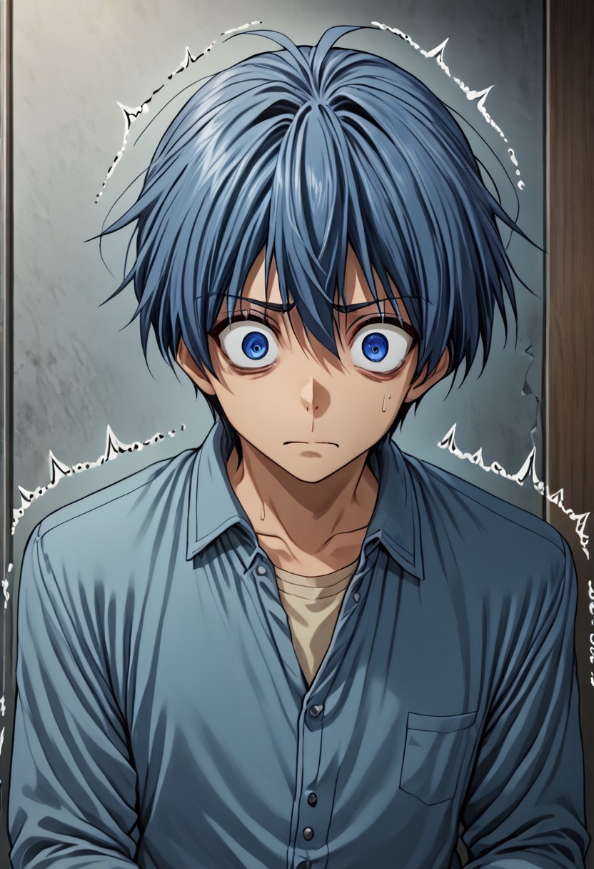 high resolution, solo, best quality, 1Boy, Tomoya Okazaki, Grey Blue Hair, blue eyes, Fear, trembling, wide eyes, anxiety,