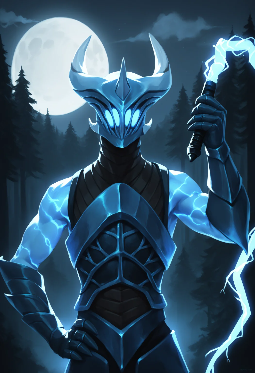 score_9, score_8_up, score_7_up, score_6_up, score_5_up, score_4_up, BREAK, razorpdxl, solo, horns, glowing, male focus, 1boy, electricity, armor, helmet, holding, holding whip, whip, electric whip, upper body, night, moon, forest, gauntlets, gloves, arm raised, hand on hip <lora:Razor:0.8>