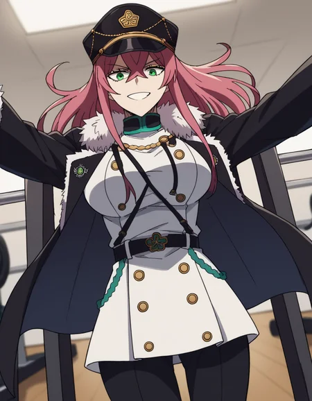 score_9, score_8_up, score_7_up, source_anime, <lora:princia-funnybunny-movie-ponyxl-lora-nochekaiser_r1:1>, princia funnybunny, long hair, green eyes, pink hair, red hair, crossed bangs, sidelocks, hat, jacket, belt, uniform, fur trim, military, military uniform, peaked cap, large breasts,, gym, weights, treadmill, mirrors, exercise, smile, on back, arm support, arms up, incoming hug, pov, reaching, reaching towards viewer,, looking at viewer, solo,, dutch angle, cowboy shot