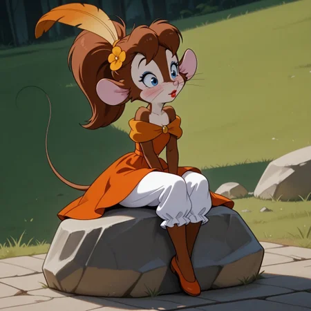 masterpiece, best quality, amazing quality, tanyafgwil, anthro, female, mouse, brown fur, blue eyes, brown hair, ponytail, whiskers, Diva outfit, red lipstick, blue eyeshadow, blush, orange dress, bare shoulders, hair flower, hair feather, bloomers, orange flats, sitting, outside, on a rock, solo, 1girl