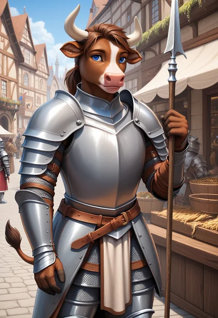 anthro, male bovine, tufted fur, cow tail, cow horns, detailed fur, brown fur, brown hair, blue eyes, medieval city, knight armor, holding spear,