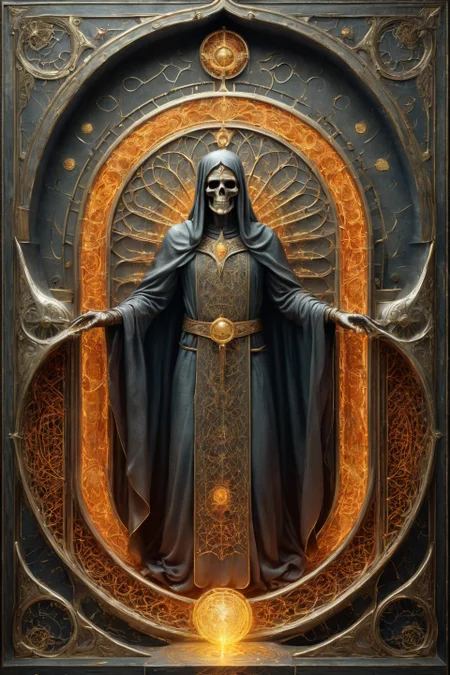 a coloured fantasy photo of a mature cs-m3tal-ok_v03-1600 Saudi Tarot Death riding in a magic portal, made of metal with networks of fine (gold:0.33) lines. Intricate, very detailed