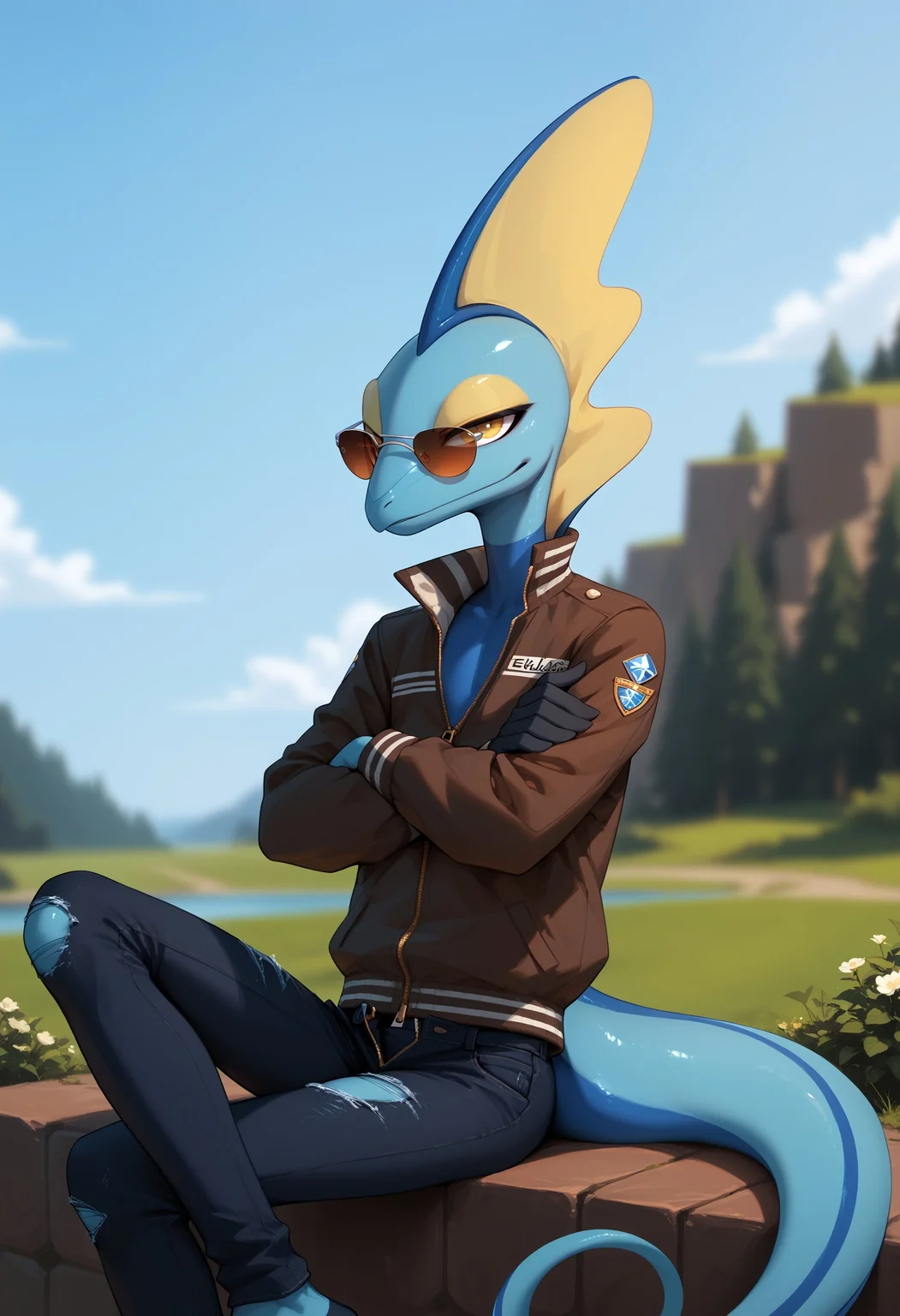 score_9, score_8_up, score_7_up, score_6_up, source_anime, outdoors,
BREAK
1boy, solo, inteleon, yellow eyes, anthro, scalie, skinny, thin, aviator glasses, arms crossed, scoff, belittling, looking at viewer, bomber jacket, zipped up, ripped jeans, legs crossed, blurry,, <lora:743ab114-2dc7-4a68-a995-0d3c9dc174a0:2.0>, <lora:4b571537-d57c-4d84-9d24-d39fcf54c682:0.5>, <lora:0822f1bc-be9c-42f2-a563-5e7c17e10639:0.6>, <lora:8b10c4b2-b37a-4f47-9167-11480b247f43:1.0>