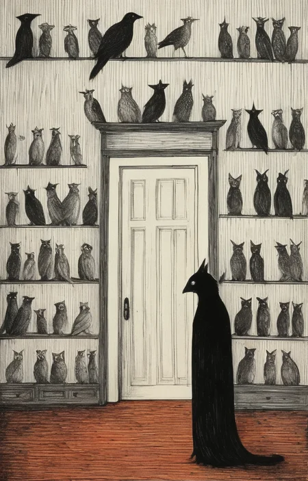 masterpiece,best quality,<lora:tbh276-sdxl:0.9>,illustration,style of Edward Gorey animals