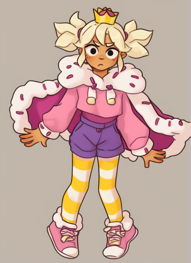 score_9, score_8_up, score_7_up, <lora:bsmandy:1> 1 girl ,  bsmandy  ,dark-skinned female ,  simple background,  , blonde hair,  crown , full body,  short twintails, bodysuit,  purple shorts  ,pink sweater, cape, yellow striped thighhighs,  ,confused,  solo  ,  ,looking at viewer,  <lora:Yagi_the_Goat_Style:1>by s1120411