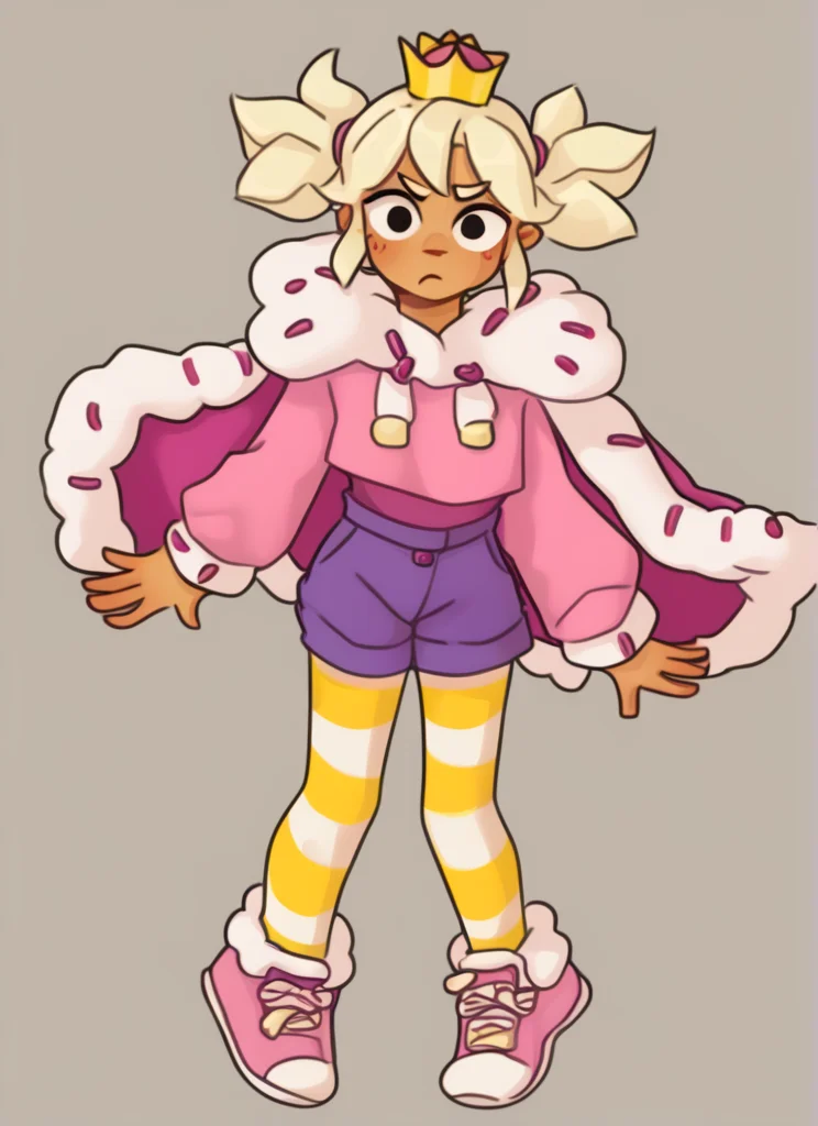 score_9, score_8_up, score_7_up, <lora:bsmandy:1> 1 girl , bsmandy ,dark-skinned female , simple background, , blonde hair, crown , full body, short twintails, bodysuit, purple shorts ,pink sweater, cape, yellow striped thighhighs, ,confused, solo , ,looking at viewer, <lora:Yagi_the_Goat_Style:1>by s1120411