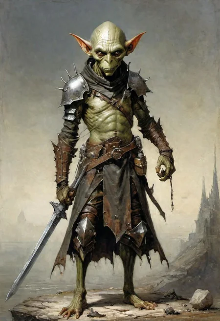 videogame art, a long elf, goblin ghoul, holding a iron rusty sword, wearing leather armor, plated armor, armor plating, by Jean-Baptiste Monge and Nicola Samori